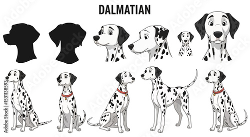Cartoon Dalmatian Dog Poses and Silhouettes on Transparent Background