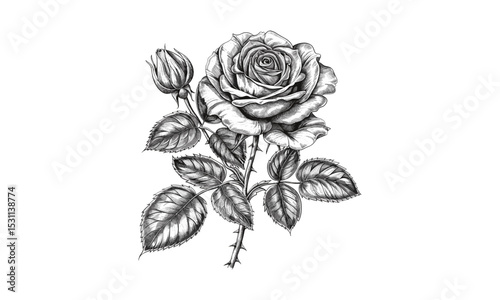 Botanical Rose Engraved Flower Illustrations, Vintage Style, Vector Illustration, Garden Art, Antique Blossom, Hand Drawn Flora, Classic Petals, Transparent Background.