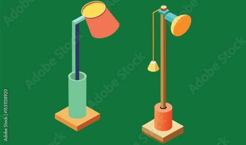 Two modern isometric floor lamps design illustration