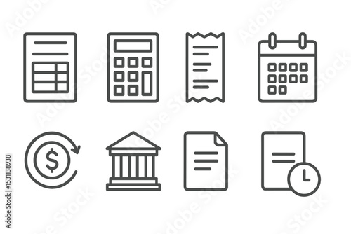 Tax Management Icons. Line style icons for tax management: tax form, calculator, receipt, calendar, refund, government building,