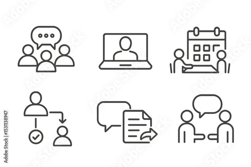 Collaboration Line Icons. Line style icons for collaboration: group chat, video call, meeting room, shared calendar, task