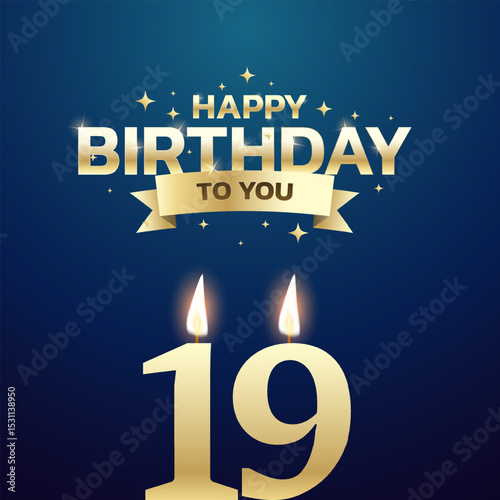 19th Birthday vector background design. Happy birthday to you text with 19 age candle and decoration element for birth day celebration greeting card design. Vector illustration.