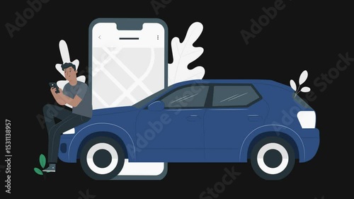 High Quality 4K 2D Cartoon Animation of Rideshare Driver Receiving New Ride Request via App – Modern Urban Mobility, Tech Service, and Gig Economy Concept with Transparent Background
