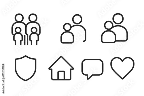 Family Profile Icons. Line style icons for family profiles: family group, parent and child, avatar, user group, shield, home,