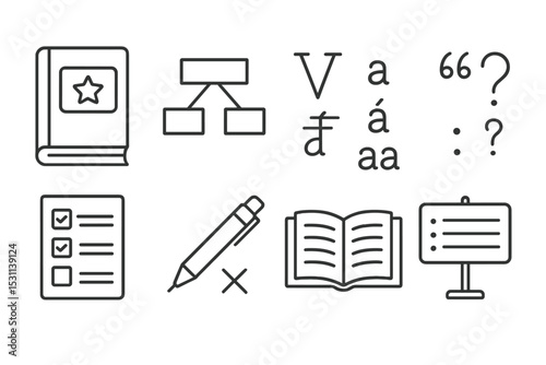 Grammar Icons Collection. Line style icons for grammar practice: grammar book, sentence structure, verb conjugation, punctuation