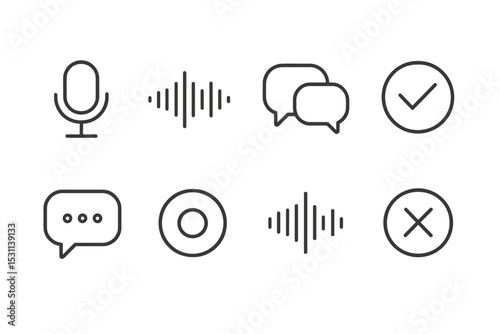 Voice Recognition Icons. Line style icons for voice recognition: microphone, waveform, speech bubbles, checkmark, feedback,