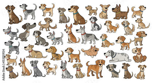 Cartoon Illustration of Various Dog Breeds with Collars