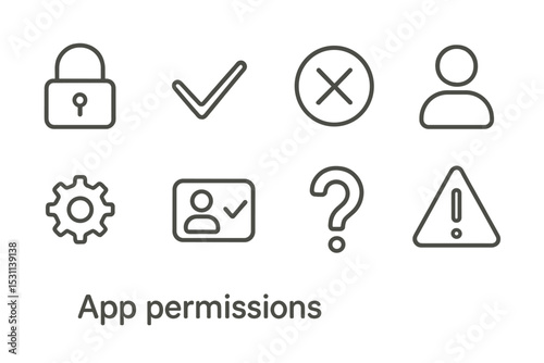 App Permission Icons. Line style icons for app permissions: padlock, checkmark, deny sign, user profile, settings, access granted,