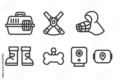 Pet Accessory Icons. Line style icons for pet accessories: pet carrier, harness, muzzle, raincoat, boots, tag, pet camera, GPS