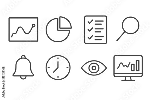 Activity Monitoring Icons. Line style icons for activity monitoring: graph, chart, checklist, magnifying glass, notification bell,