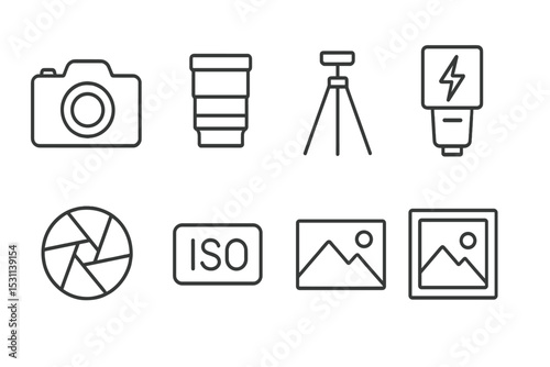 Photography Line Icons. Line style icons for photography: camera, lens, tripod, flash, aperture, ISO, shutter, photo frame. No