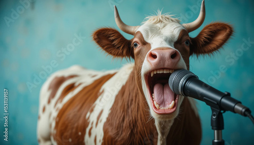 Portraits en profundidad, hysterical cow laughing usando a microphone para grabar.