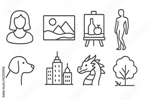 Art Subject Icons. Line style icons for art subjects: portrait, landscape, still life, figure drawing, animals, cityscape, fantasy