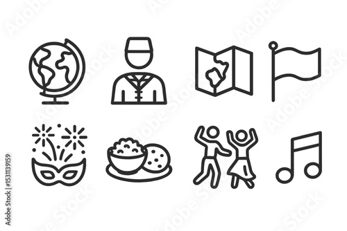 Cultural Icons Montage. Line style icons for cultural learning: globe, traditional costume, map, flag, festival, food, dance,