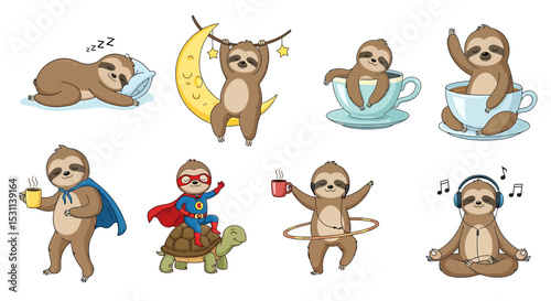 Cartoon Sloth Characters in Various Poses and Activities on Transparent Background