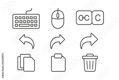 Editing Shortcut Icons. Line style icons for editing shortcuts: keyboard, mouse, shortcut keys, undo, redo, copy, paste, delete.