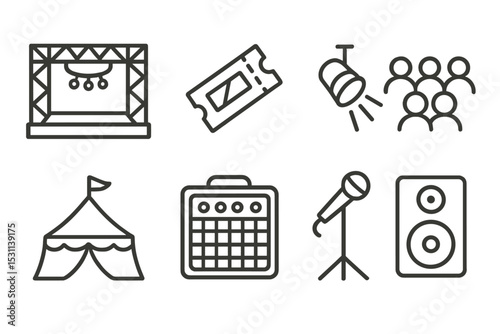 Music Event Icons. Line style icons for music events: concert stage, ticket, spotlight, crowd, festival tent, guitar amp,