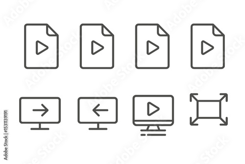 Line Style Video Icons. Line style icons for video formats: mp4, mov, avi, mkv, export, import, render, resolution. No text, No