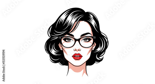 Cartoon woman with glasses, red lips, and black curly hair
