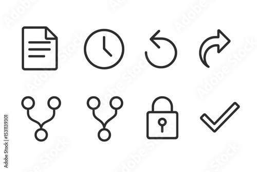 Version Control Icons. Line style icons for version control: document versions, clock, undo, redo, branch, merge, lock, checkmark.