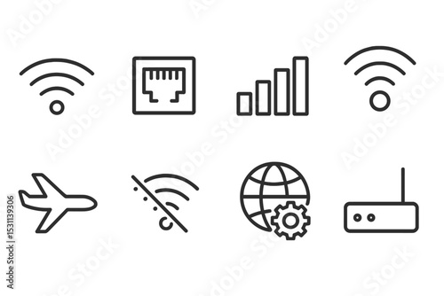 Internet Connectivity Icons. Line style icons for internet connectivity: wifi, ethernet, signal bars, hotspot, airplane mode,