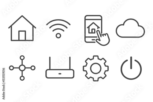 Smart Home Icons. Line style icons for smart home basics: house, wifi signal, smartphone control, cloud, hub, router, settings
