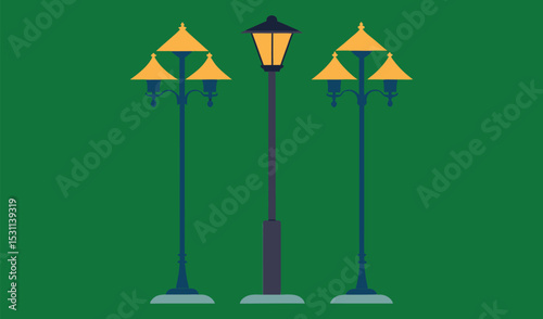 Three illuminated street lamps on green background