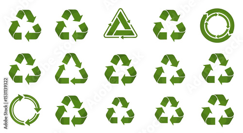 Collection of Green Recycling Symbols in Various Styles and Designs