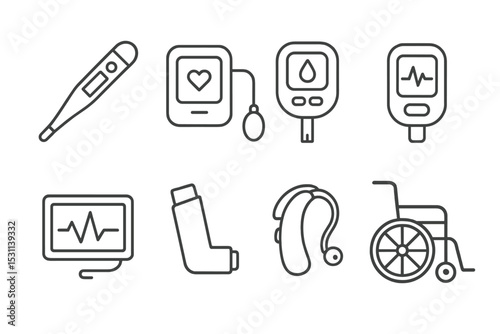 Medical Device Icons. Line style icons for medical devices: thermometer, blood pressure monitor, glucose meter, pulse oximeter,