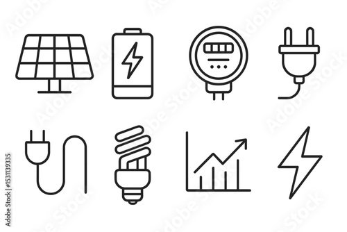 Energy Management Icons. Line style icons for energy management: solar panel, battery, electricity meter, plug, power cord, energy