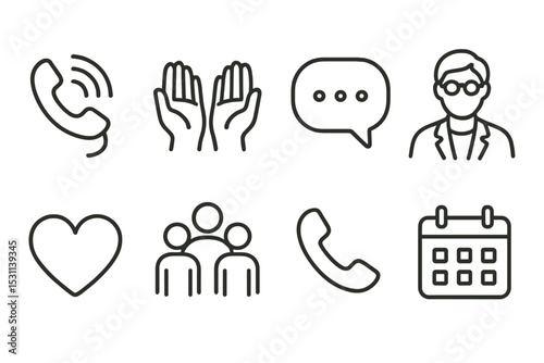 Mental Health Icons. Line style icons for mental health support: hotline, help hands, chat bubble, therapist, heart, community,