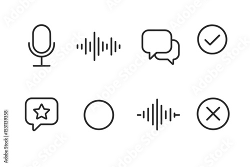 Voice Recognition Icons. Line style icons for voice recognition: microphone, waveform, speech bubbles, checkmark, feedback,