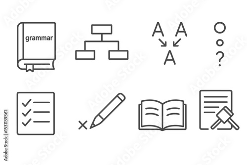 Grammar Icons Collection. Line style icons for grammar practice: grammar book, sentence structure, verb conjugation, punctuation