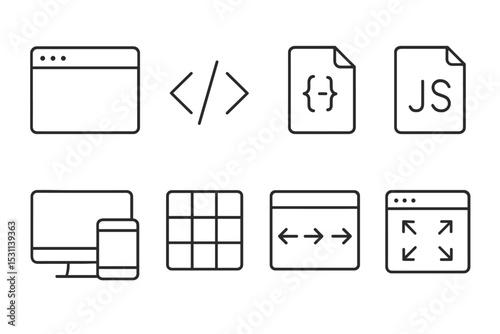 Web Development Icons. Line style icons for web development: browser window, HTML tag, CSS style, JavaScript, responsive design,