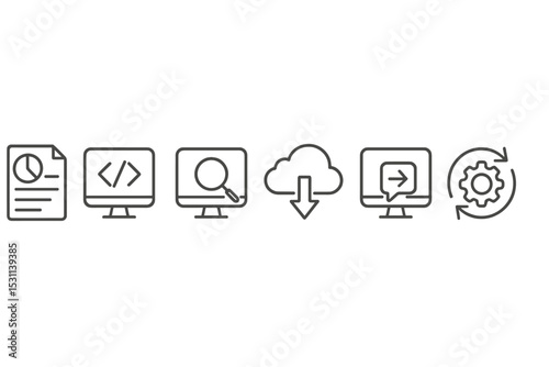 Software Lifecycle Icons. Line style icons for software lifecycle: plan, develop, test, deploy, monitor, feedback, update, retire.