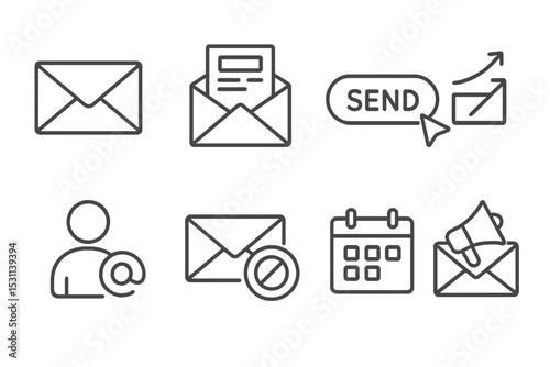 Email Marketing Icons. Line style icons for email marketing: envelope, newsletter, send button, open rate, subscriber, spam filter