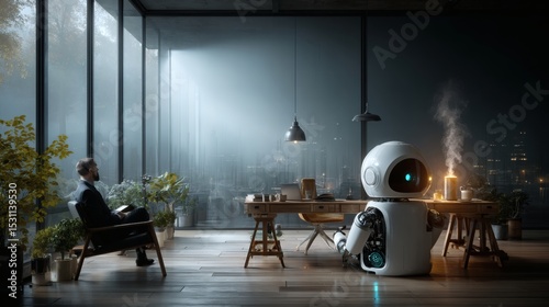 Bright minimalist home office interior with soft natural daylight entering through large floor-to-ceiling windows; a male professional with relaxed posture sitting at a sleek oak desk, while 