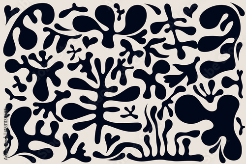 abstract organic shapes in cut boho style. Cut out twigs, plants and leaves isolated on a beige background. Trending Vector illustration of natural elements in a minimalistic style.