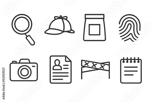 Crime Investigation Icons. Line style icons of crime investigation: magnifying glass, detective hat, evidence bag, fingerprint,
