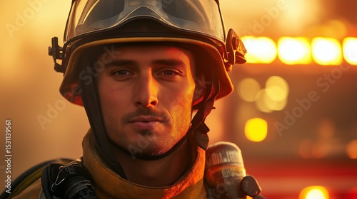 Portrait of firefighter in helmet looking ahead with warm sunset light and blurred background. Concept of heroism and bravery