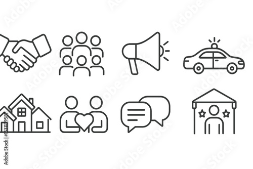 Community Policing Icons. Line style icons of community policing: handshake, group meeting, megaphone, patrol, neighborhood,