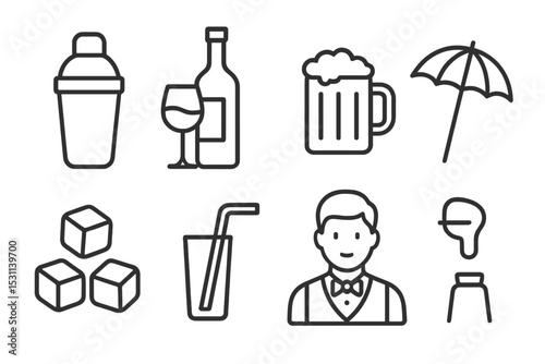 Line Style Bar Icons. Line style icons of beverages and bar: cocktail shaker, wine bottle, glass, beer mug, cocktail umbrella, ice