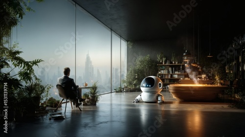 Bright minimalist home office interior with soft natural daylight entering through large floor-to-ceiling windows; a male professional with relaxed posture sitting at a sleek oak desk, while 