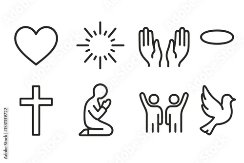 Icons of Faith and Devotion. Line style icons of faith and devotion: heart, light rays, open hands, halo, cross, praying figure,
