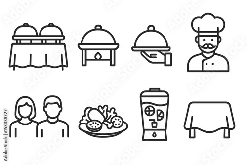 Catering Icon Set. Line style icons of restaurant catering: buffet table, chafing dish, serving tray, chef, guests, food platter,