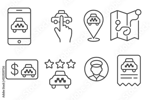 Taxi Service Icons. Line style icons of taxi services: app smartphone, booking, map pin, route, payment, rating, driver profile,