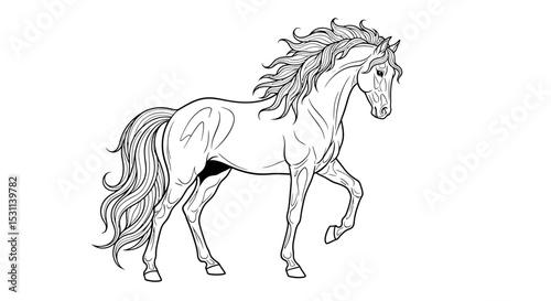 Elegant Line Art Drawing of a Horse with Flowing Mane and Tail