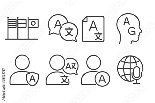 Multilingual Support Icons. Line style icons of multilingual support: language flags in row, grouped translation bubbles, national