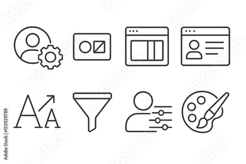 Personalization Icons Set. Line style icons of personalization: user avatar settings, theme customization, layout adjust icon,