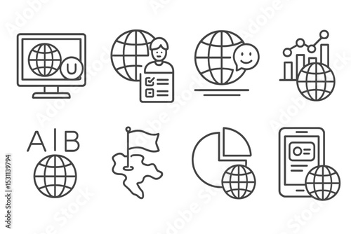 Localization Line Icons. Line style icons of localization: localized UX testing, user survey by region, feedback by country, usage